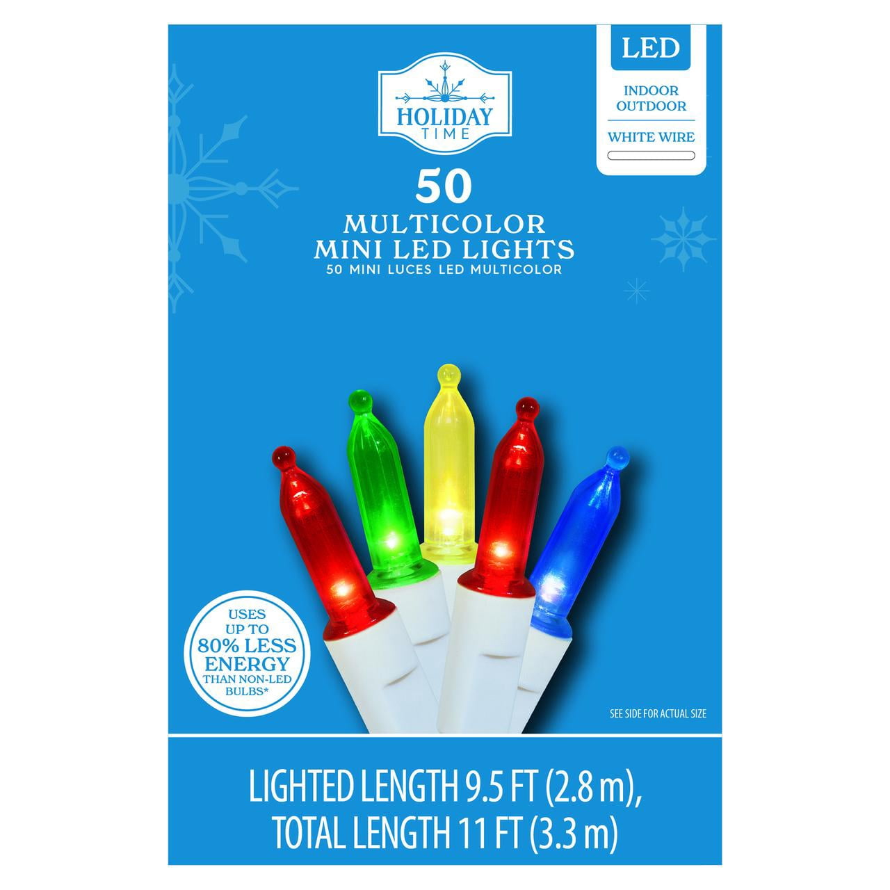 50-Count Multicolor LED Mini Christmas Lights with White Wire, 11', Holiday Time