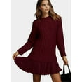 thumbnail image 4 of Robe Chandail en Tricot Torsadé pour Femme, Col Ras du Cou, Manches Longues, Mini-Robe Plissée, Style Deux-en-un, Robe Patchwork, Rouge Vin, TG, 4 of 7