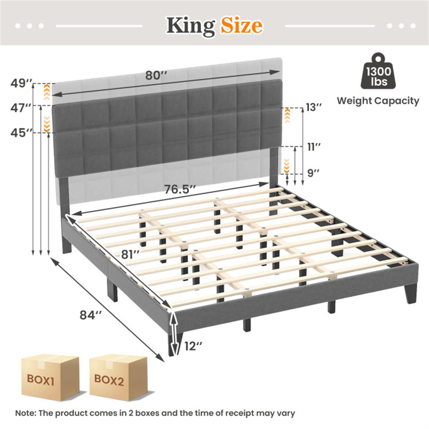 Demi Bonn King Size Bed Frame with Adjustable Headboard, Modern Linen Platform Bed Frame with 10 Strong Wood Slat Support, No Box Spring Needed, Gray