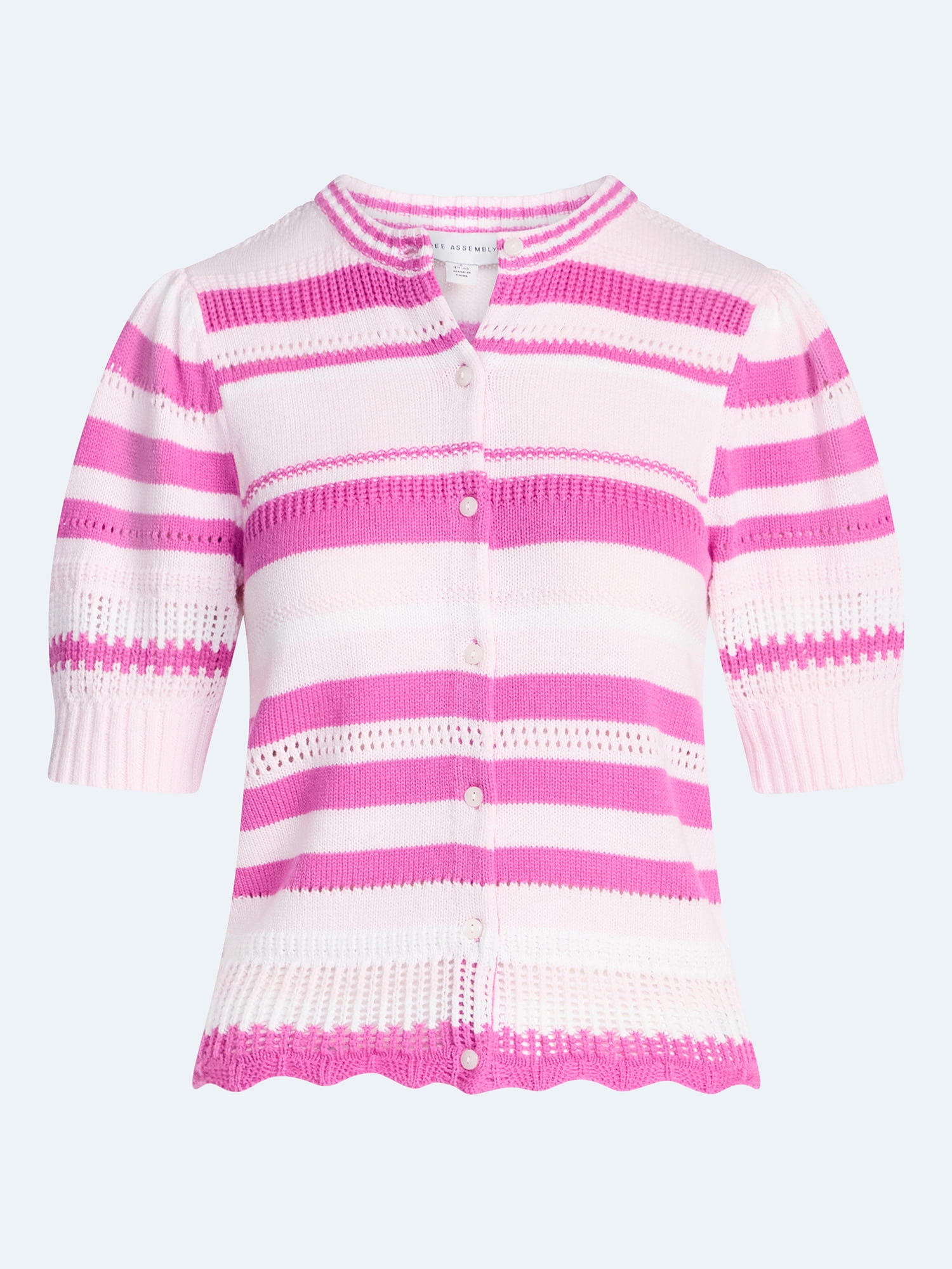 Free Assembly Women's Textured Stripe Cardigan Sweater with Short Puff Sleeves, Lightweight, Sizes XS-XXL