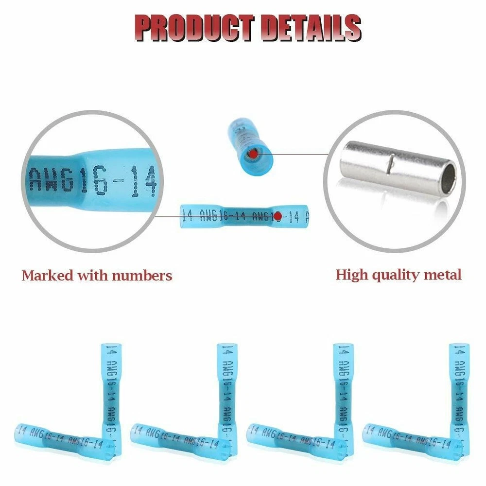 Blue Heat Shrink Butt Wire Connectors Crimp Terminals AWG 16-14 Gauge US