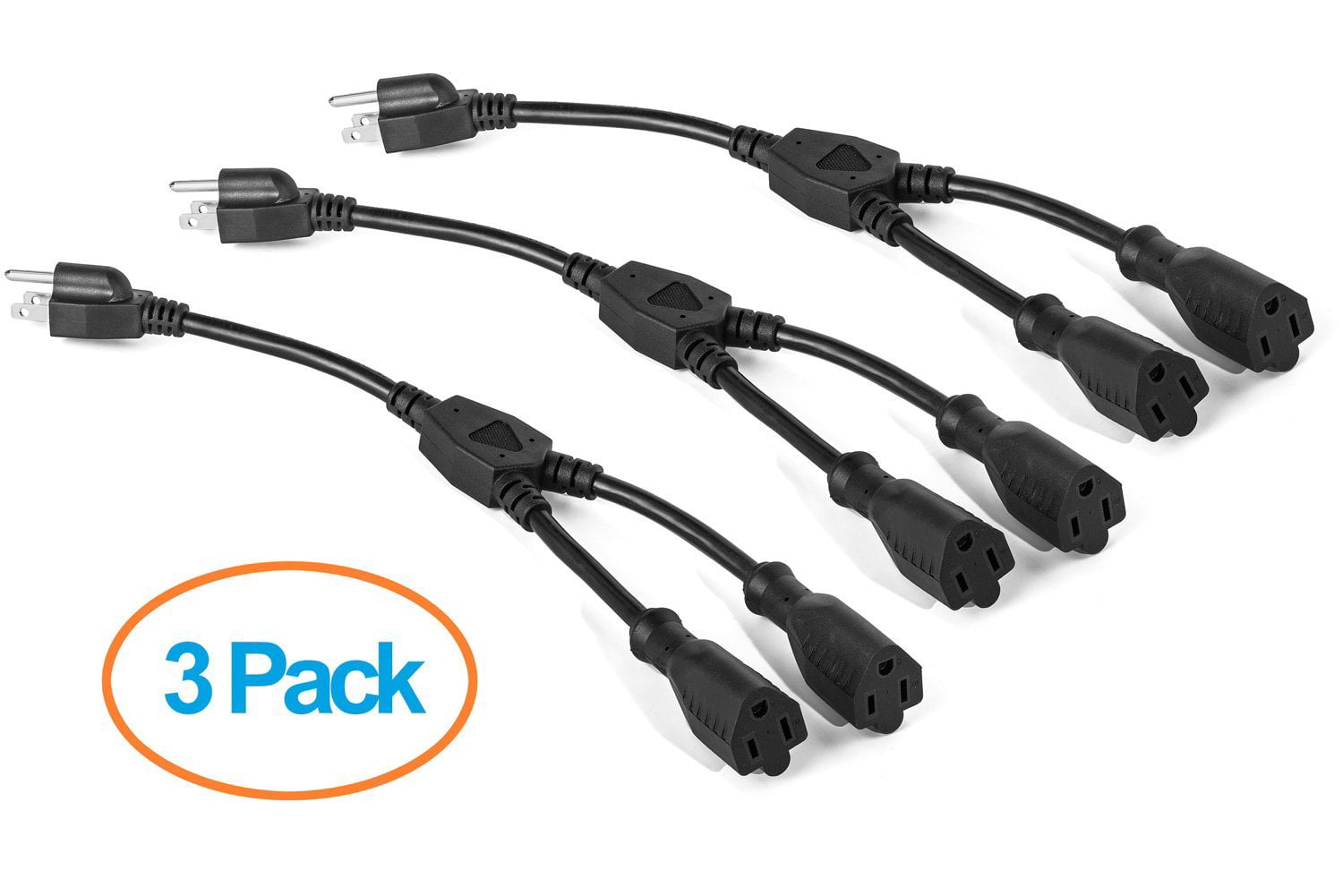 UL Approved 1 Foot Power Cord Splitter ClearMax 3 Prong Y Splitter Cable Power Extension Cord Cable Strip Outlet Saver 3 Pack | Black 16AWG 