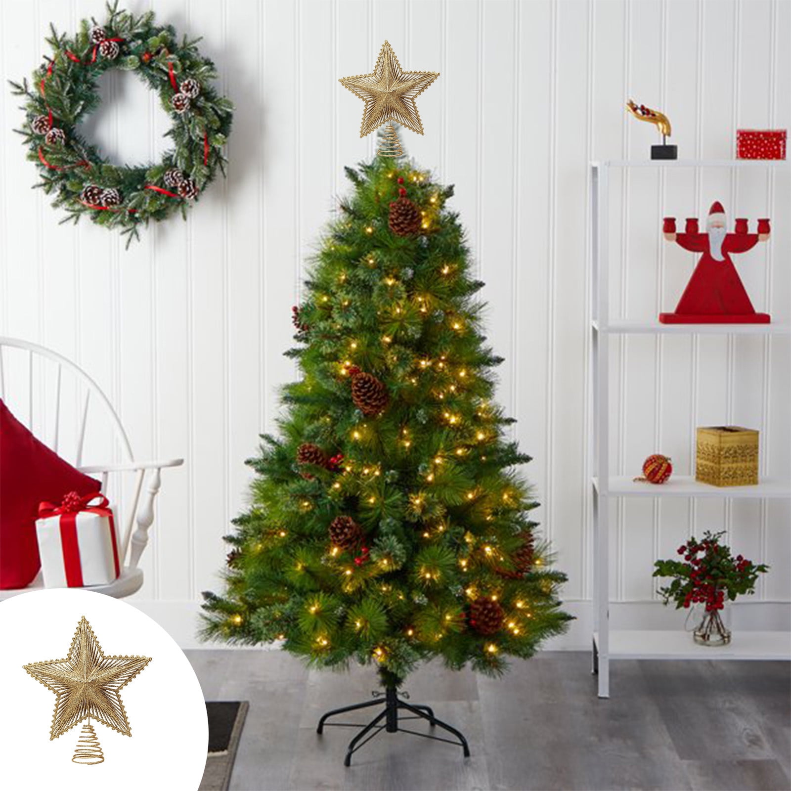 Dmlowu Star Christmas Tree Topper - Glitter Sparkle Star Xmas Tree Topper with Led Lights, Metal Hollowed Christmas Tree Toppers, 8x9" Plug In Christmas Tree Decorations for Home Office Holiday Party