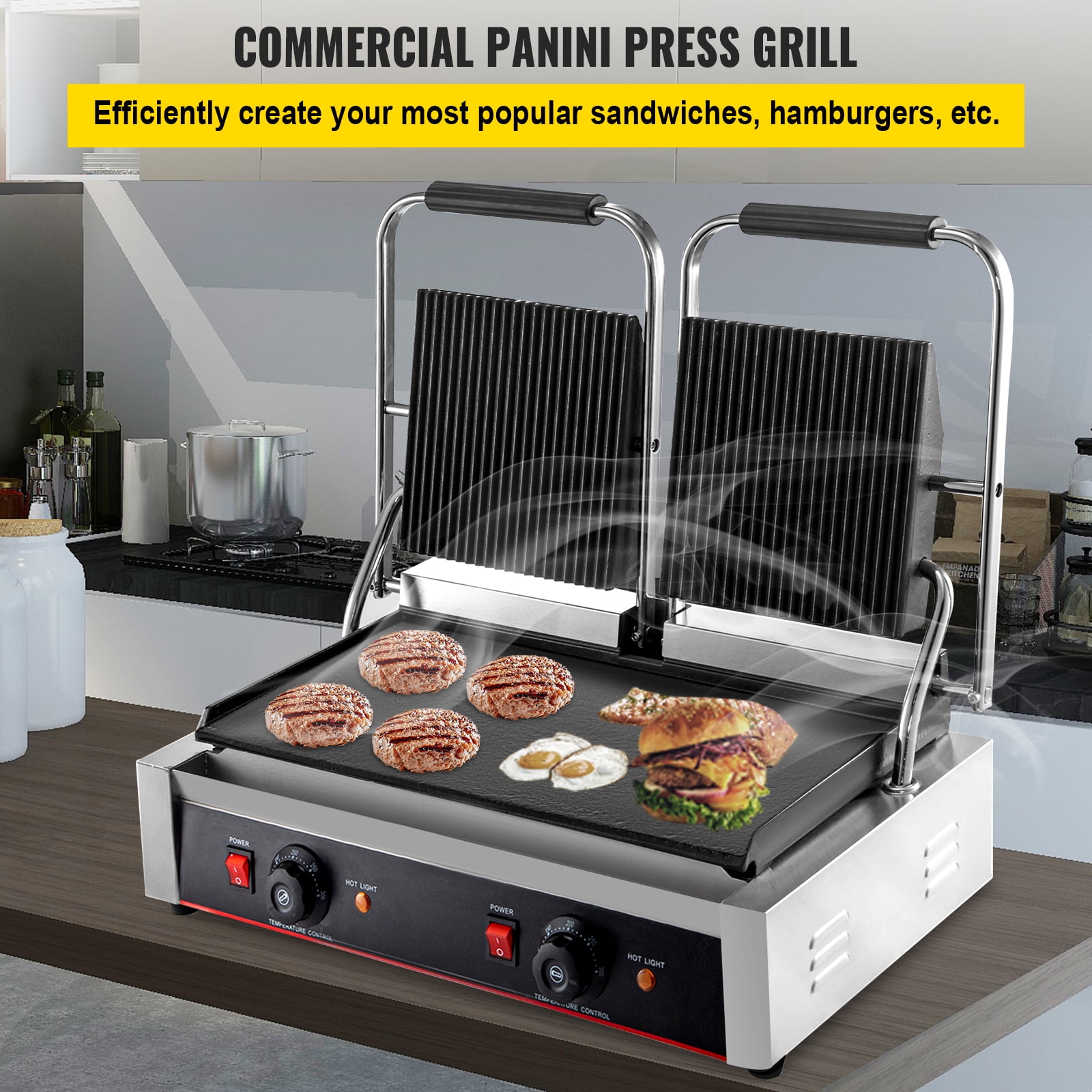 VEVORbrand 110V Commercial Sandwich Press Grill 1800w Electric Panini Maker  Non-Stick 122°F-572°F Temp Control Full Grooved Plates for Hamburgers  Steaks, Professional Cooking Equipment 