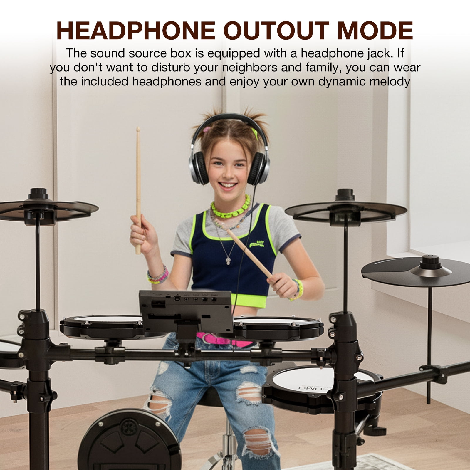 UMOMO UMD-771 Electric Drum Set, Electronic Drum Set With Mesh Electric Drum Pads, 225 Sounds, Drum Sticks, Headphones & Audio Cables, Stable Steel Frame, 15 Drum Kits, for Beginner, White & Black