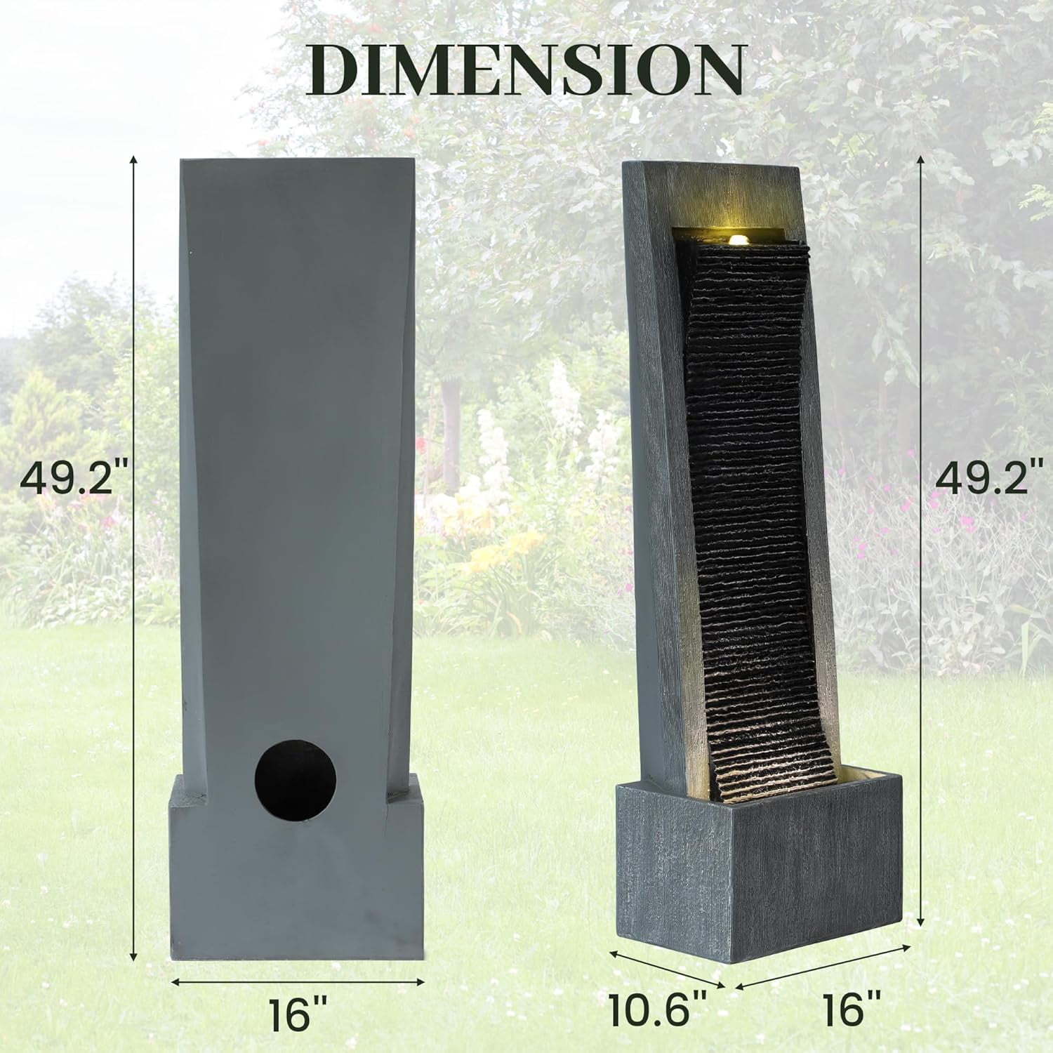 Haverchair Outdoor Home Water Fountain Waterfalls Cascading Freestanding Flowing Fountain, 49.2" H Indoor Waterfall Fountains with Pump LED Lights Cobbles, Landscaping Garden Lawn Patio Decor, Gray
