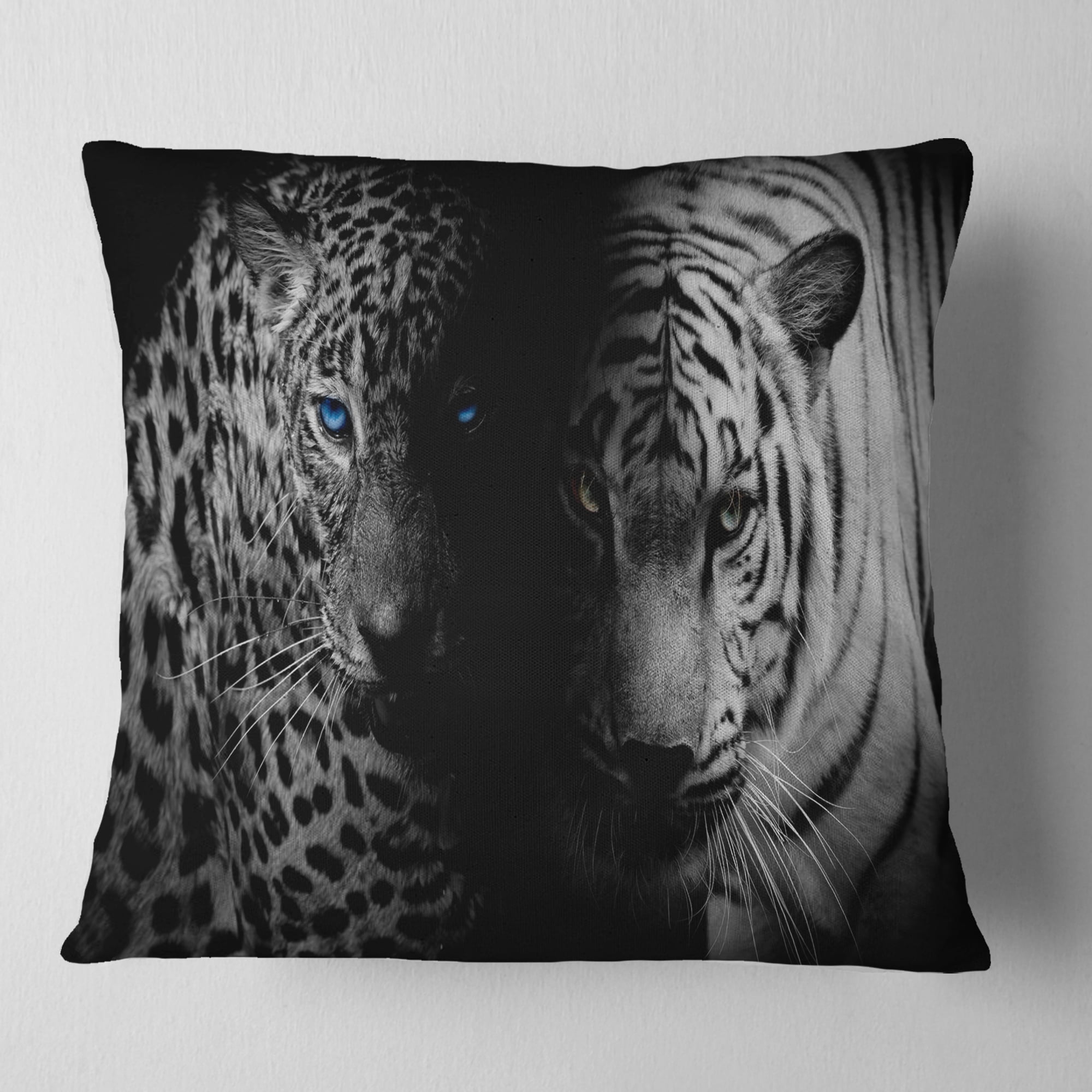 Designart Leopard and Tiger in Black - Animal Throw Pillow - 18x18
