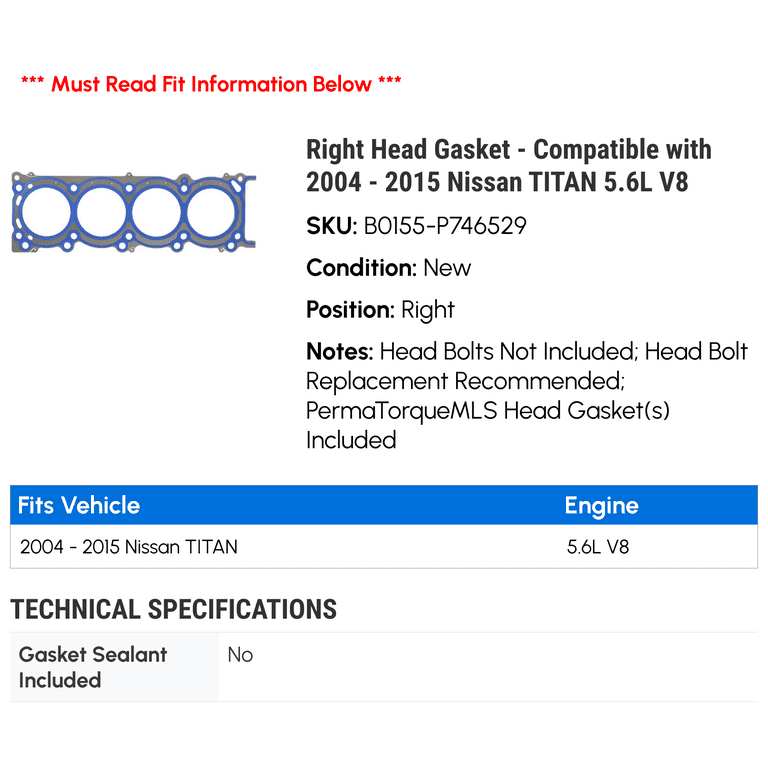 Right Head Gasket Compatible with 2004 2015 Nissan TITAN 5.6L