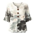 thumbnail image 5 of IMENGL Women's Blouse Basic Art Print V Neck 3/4 Sleeve Decor Fit Top Summer Retro Casual Outfits Loose Button Down Shirts for Women,M-XXXL, 5 of 6
