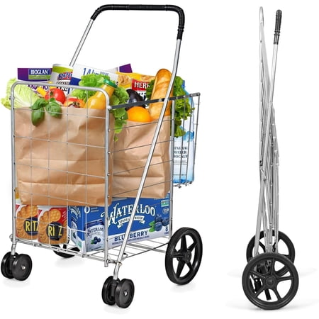 LUDYSHARE Grocery Shopping Cart, Foldable Heavy Duty Jumbo Utility Cart w/ 360° Rolling Swivel Wheels & Extra Basket, Lightweight Trolley Cart for Grocery Laundry Luggage (Sliver)