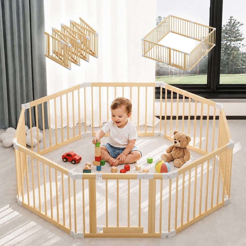 Foldable Wooden Baby Playpen, Adjustable Multi-Shape Baby Play Yard with Child-Proof Lock, Portable Wood Fence, 63 x 63 x 24 inches