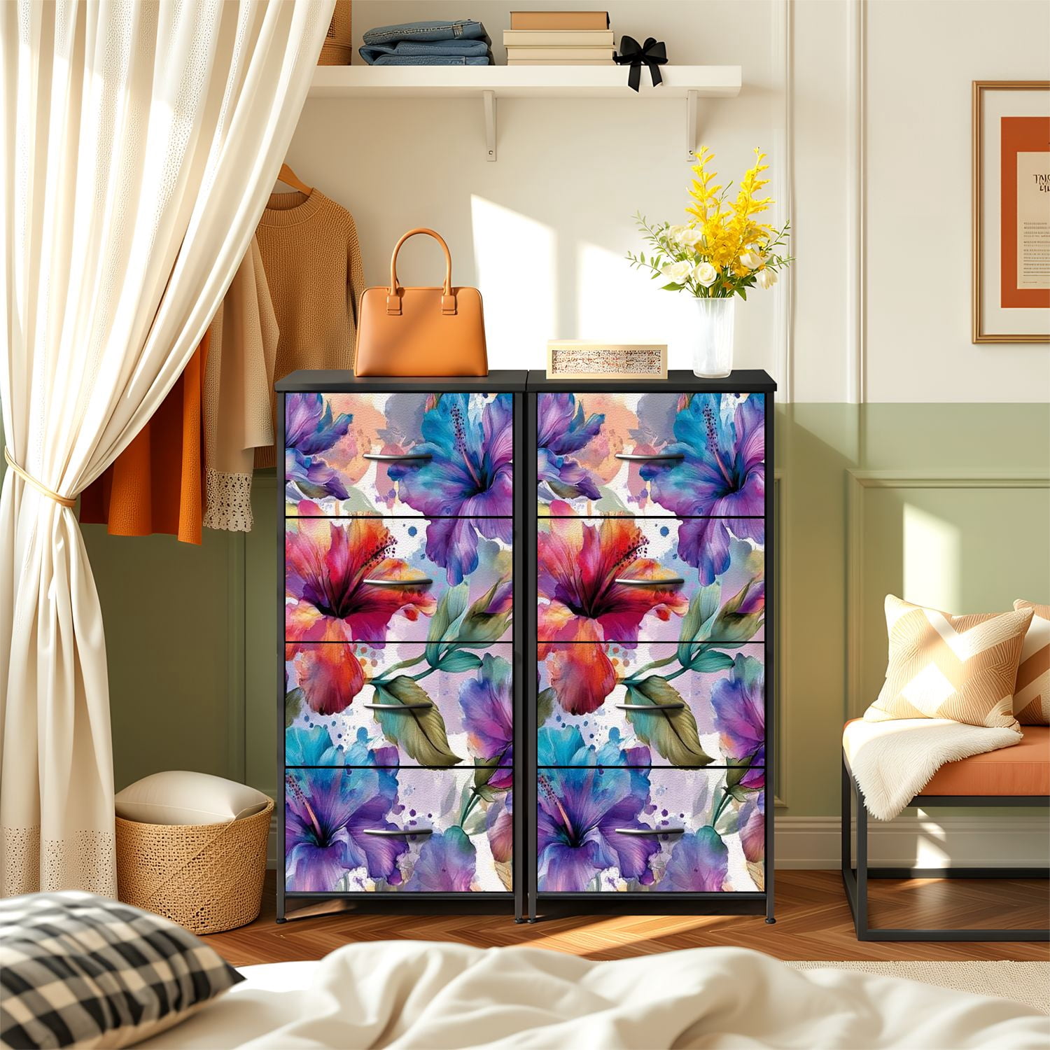 4 Drawer Vertical Storage Dresser Watercolor beautiful hibiscus flowers Dirty colorful with Wood Top Fabric Pull Drawers