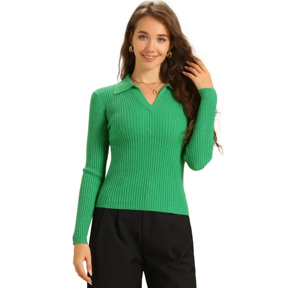 DARING DIVA Women's Collared Ribbed Knit Long Sleeve  Blouse XS Green