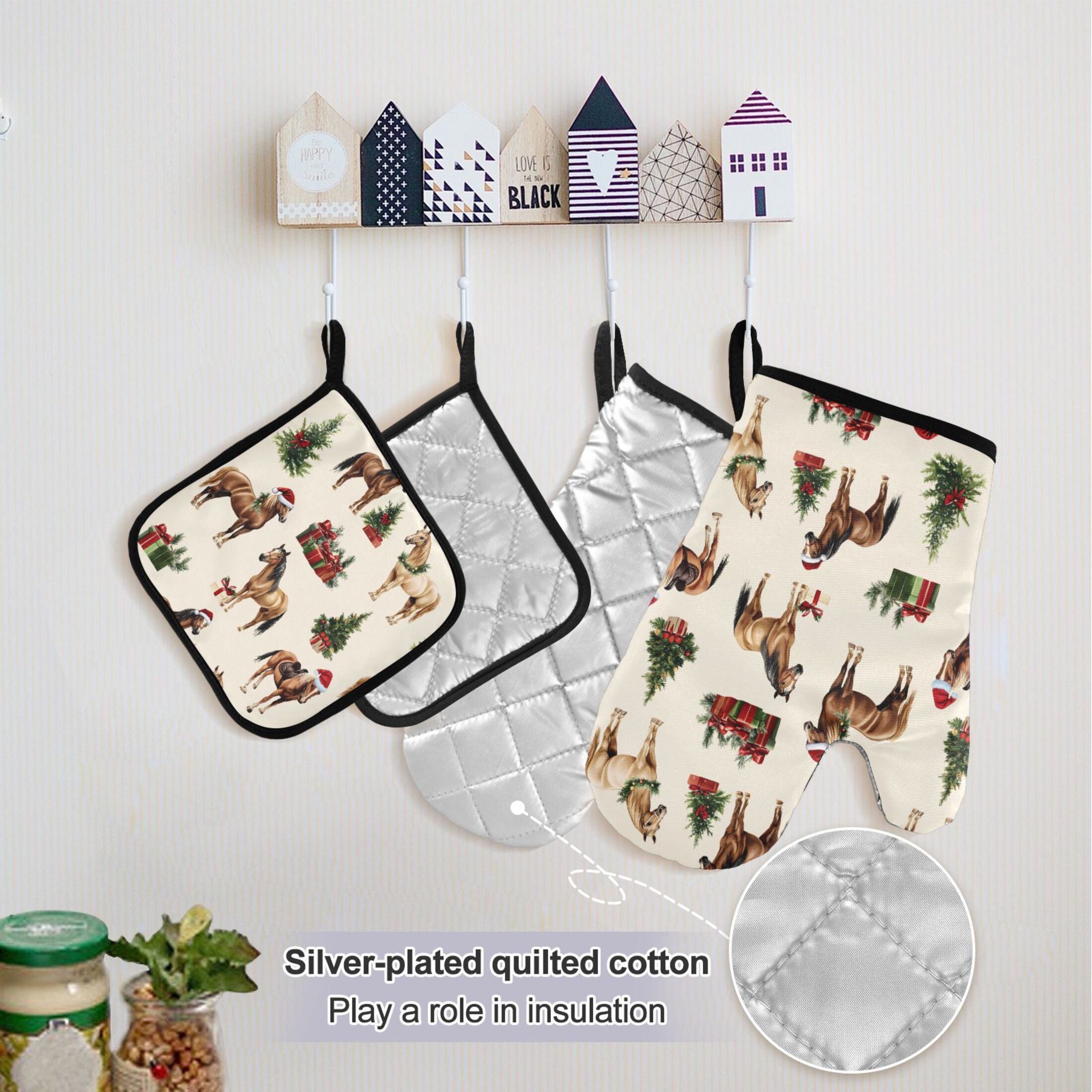 Ryvnso Christmas Horse Kitchen Apron Oven Mitts Set Pot Holders
