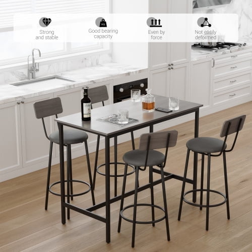 Bar Table Set with 4 Bar stools PU Soft seat with backrest, Grey, 47.24'' L x 23.62'' W x 35.43'' H