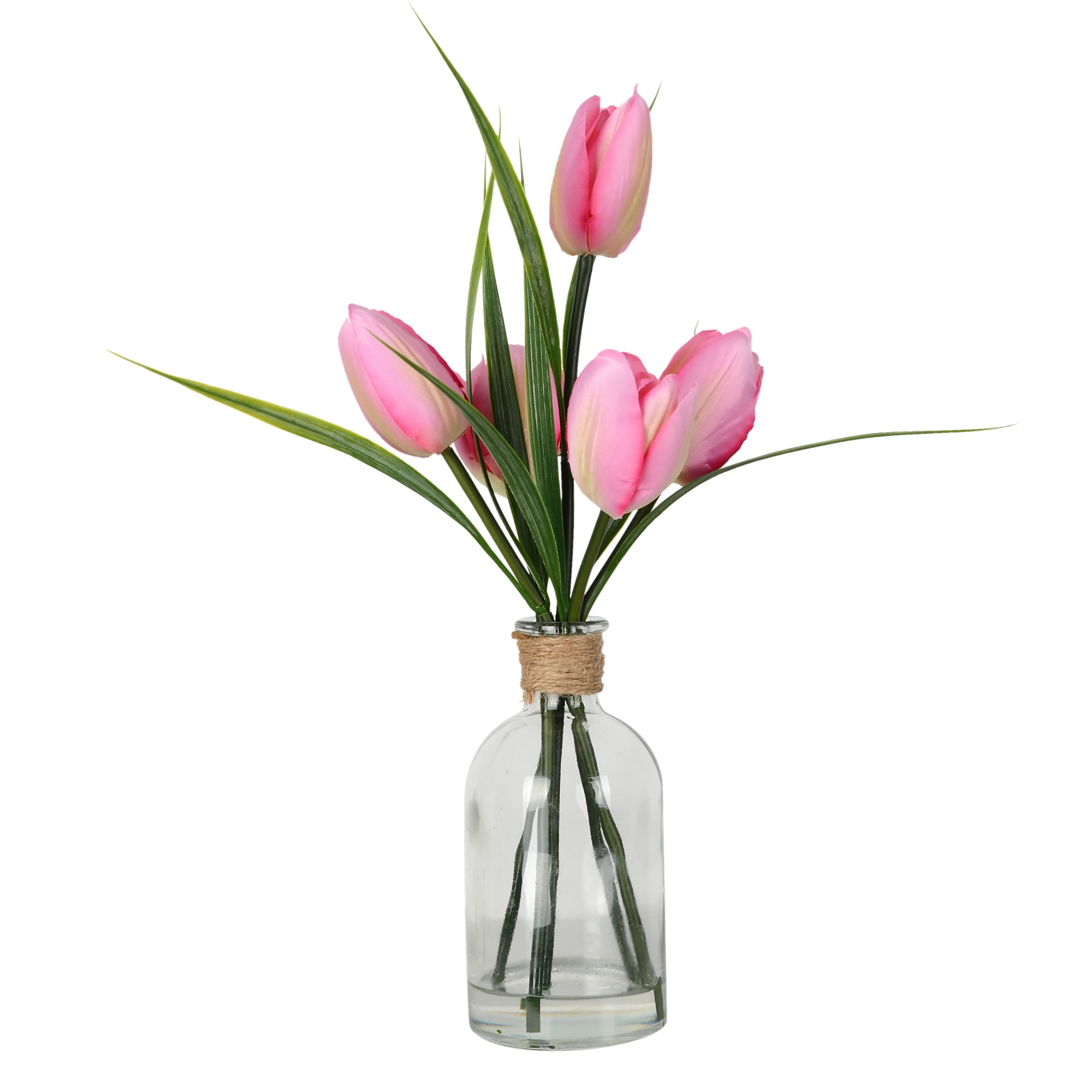 Vickerman Everyday 12' Indoor Artificial Potted Pink Tulip - Tall Glass Vase - Decorative Arrangement Of Durable Polyester For Home Or Office - Maintenance Free