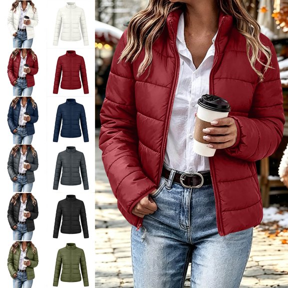 Women's Puffer Jacket Stand Collar Short Quilted Jackets with Full Zip Short Slimming Jackets for Winter Wine XL