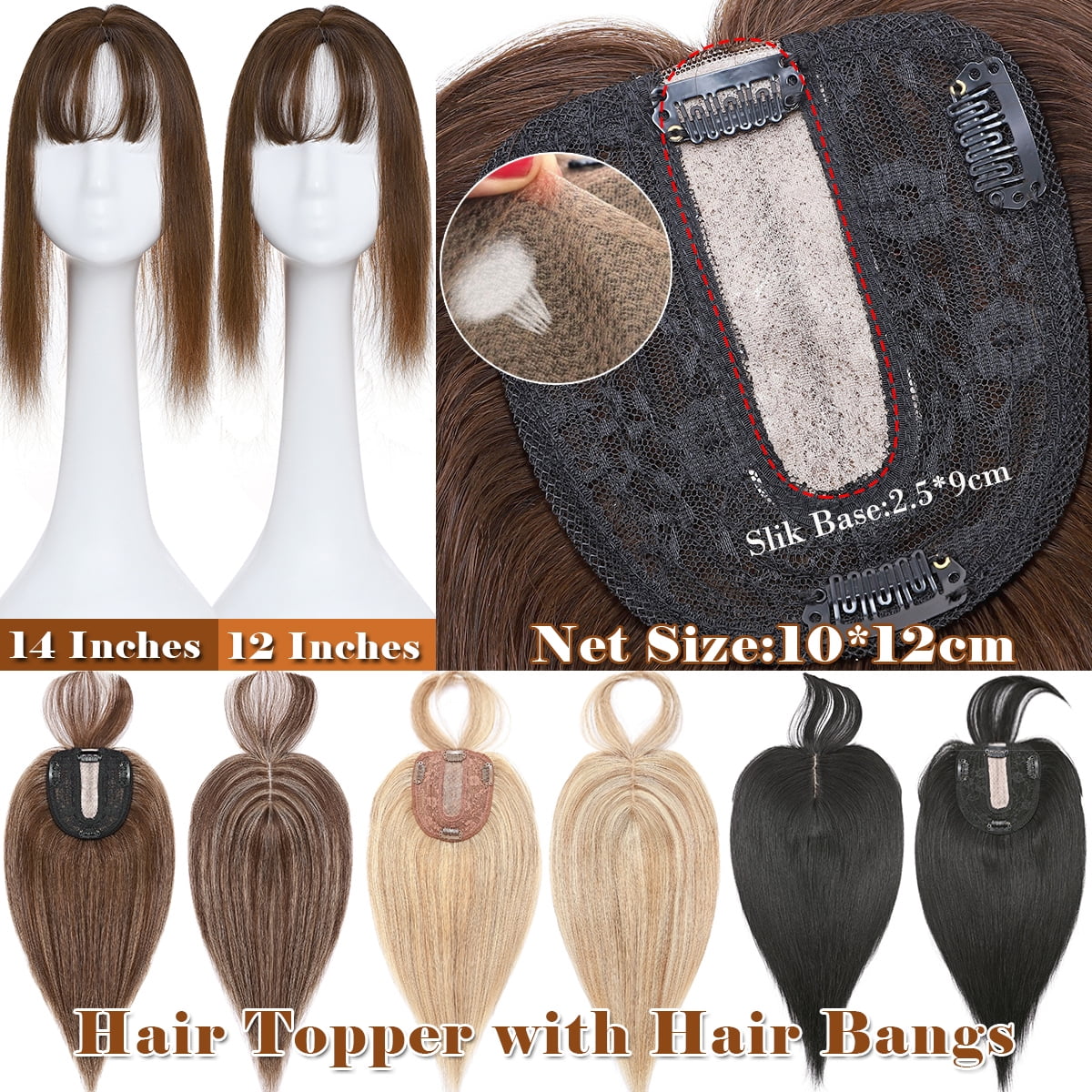 SEGO Clip in Hair Extensions Human Hair Toppers with Bangs 100% Real Human Hair for Thinning/Loss Hair Natural Black Hair Pieces