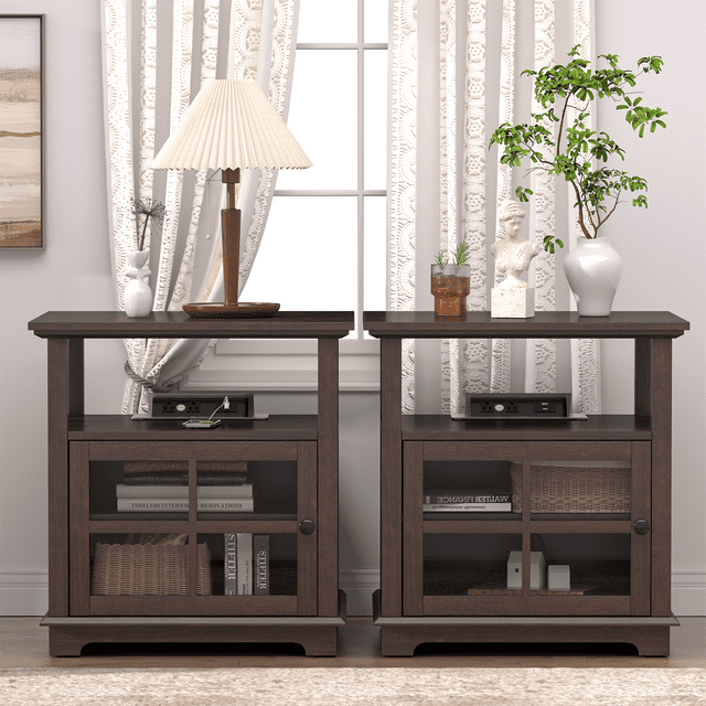 FAGAGA End Tables Set of 2 for Living Room with Charging Station, Wood Side Tables with Adjustable Storage Shelves, Farmhouse Nightstand for Bedroom, Dorm | Brown