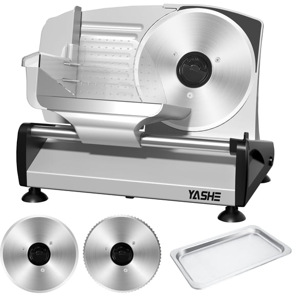 OSTBA Meat Slicer with Quiet DC Motor, 200W Electric Food Slicer, 2 Removable 7.5'' Stainless Steel Blades and Stainless Steel Tray, 0–15mm Adjustable Thickness, Child Lock Protection