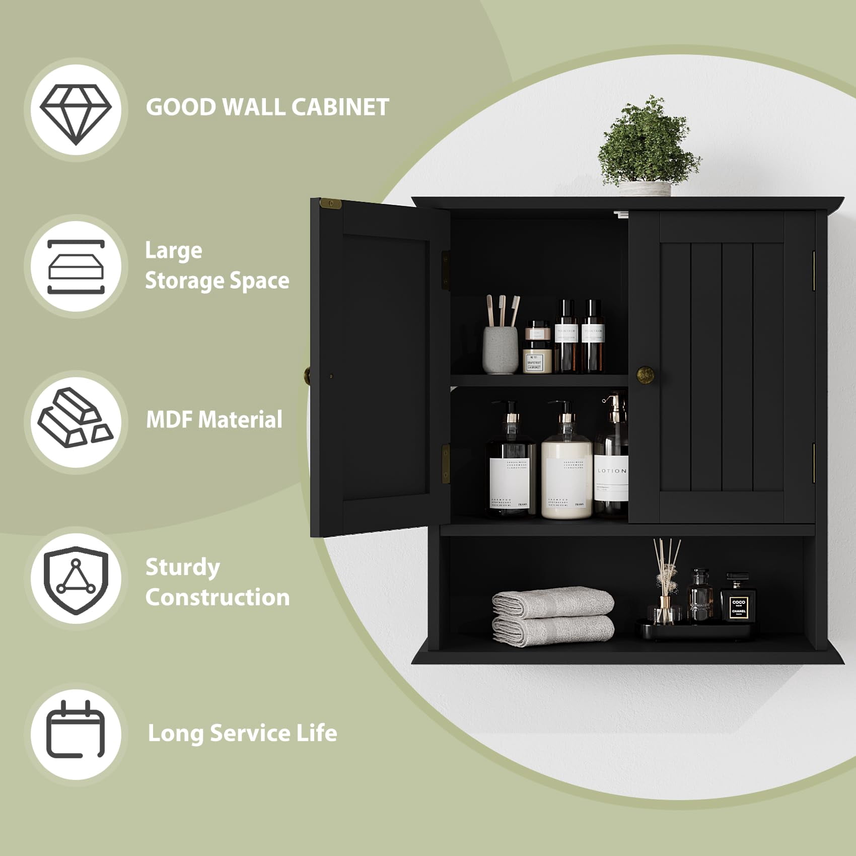 Smuxee Bathroom Wall Storage Cabinets with Door and Open Shelves,over the Toilet Storage,Black Small