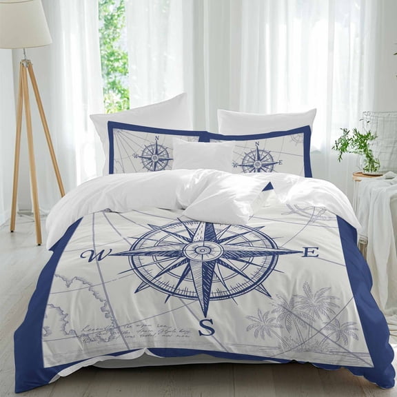 3 Piece Blue Compass Nautical Duvet Cover Set California King,Microfiber Comforter/Quilt Cover with Corner Ties and 2 Pillowcases,Coastal Abstract Art Retro All Season Bedding with Zipper Closure
