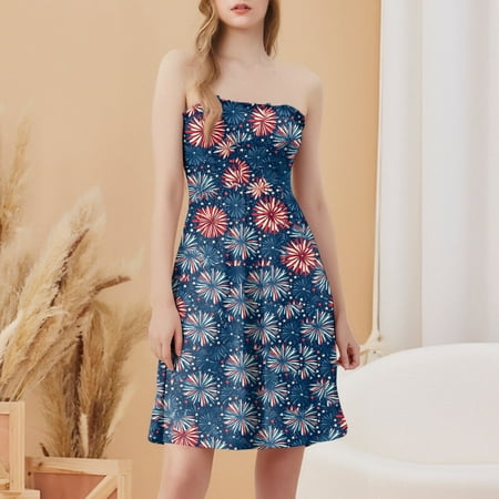 CHCNHAC 4th Of July Summer Dresses for Women 2025 Stars and Stripes Graphic Dresses Patriotic Casual Flowy Swing Strapless Cocktail Gowns Navy 2XL