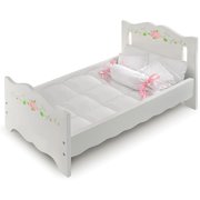 Wooden Doll Bed with Blanket and Pillow with Free Personalization Kit - Fits 18" to 20" Dolls - Ideal for Baby Dolls and Pretend Play Fun - White and Pink Rose Design