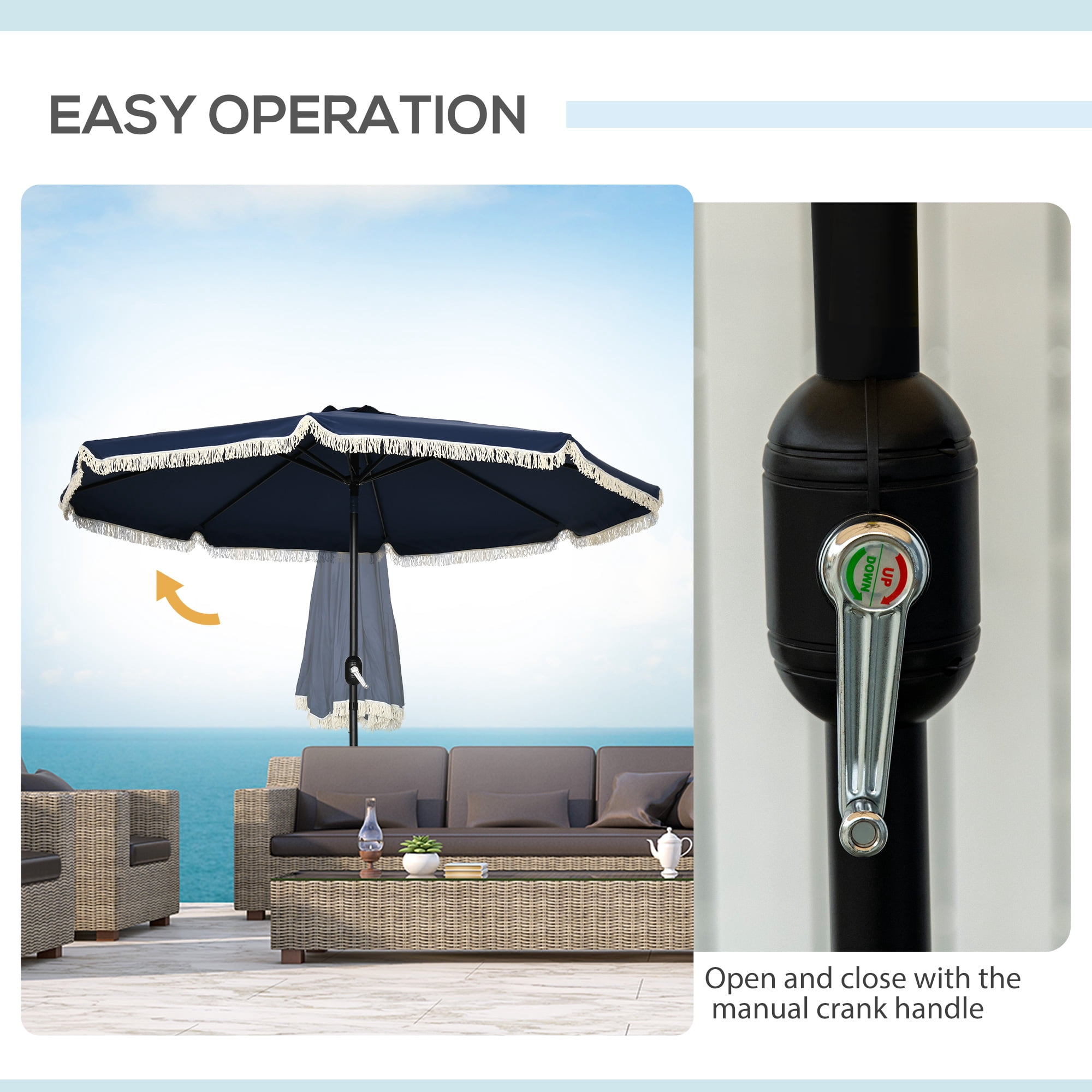 Outsunny 9ft Patio Umbrella with Tilt, Ruffled Outdoor Umbrella, Dark Blue