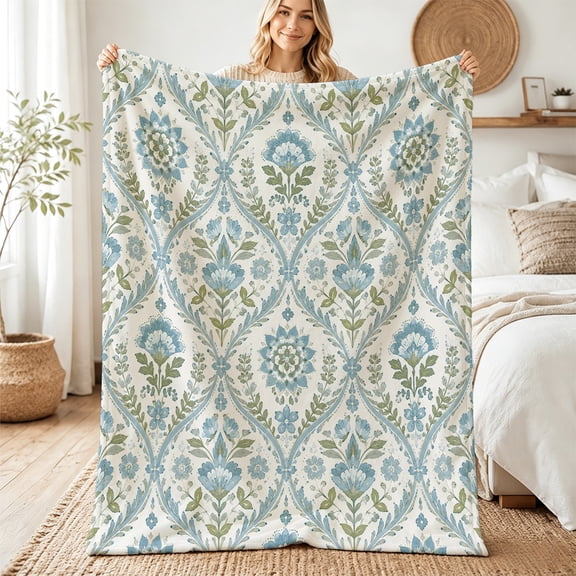 Verolix Sage Blue Floral Damask Flannel Throw Blanket, Housewarming Gift, 30" x 40"