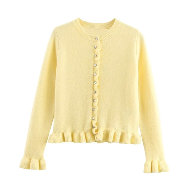 ManxiVoo Veste en Tricot à Garniture Superposée pour Femme, Bordure Décorative, Cardigan Décontracté, Manteau Confortable, Haut, Taille g, Jaune