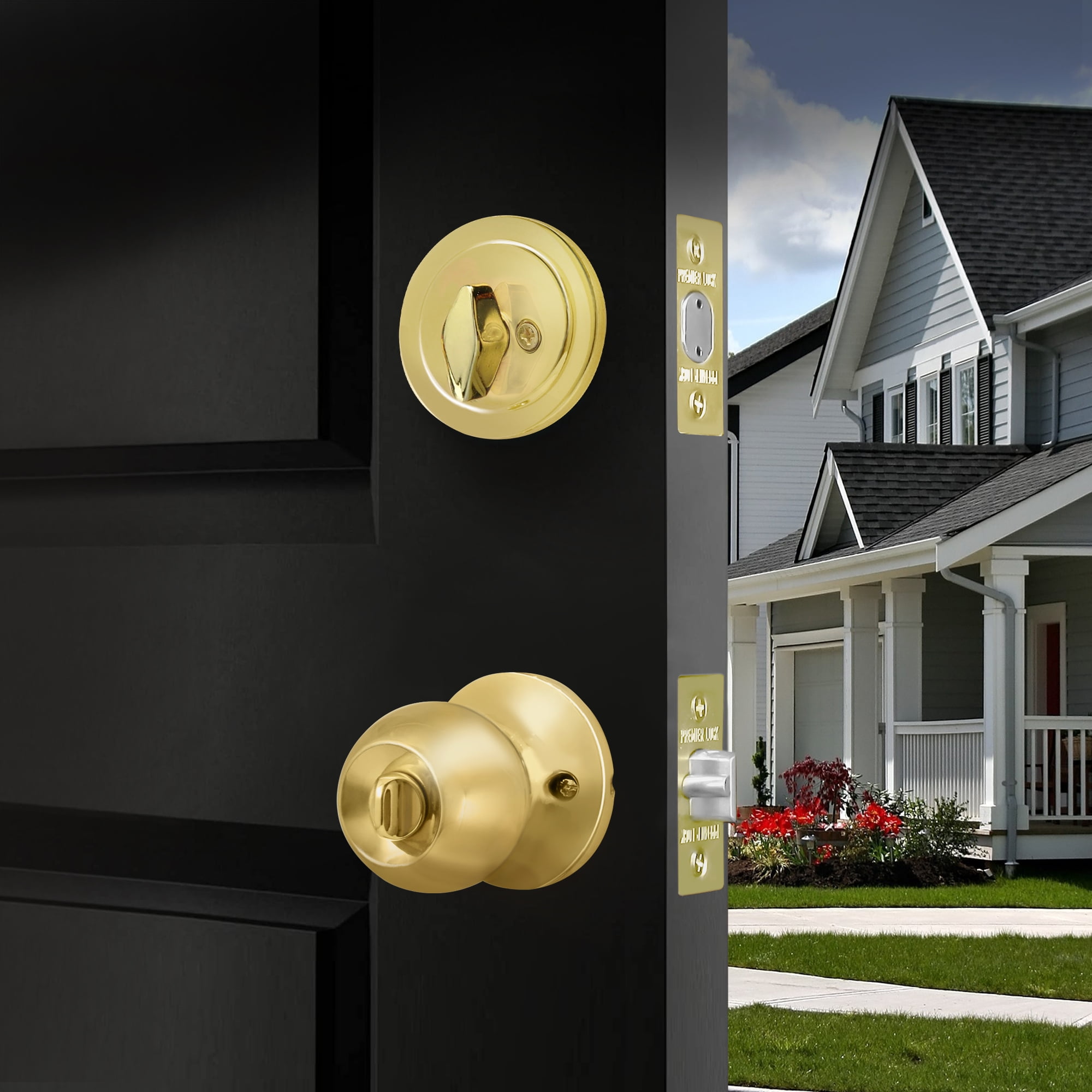 Premier Lock® Solid Brass Entry Lock Set Door Knob & Deadbolt Keyed Alike SC1 Keyway. 6 Total Keys, Keyed Alike