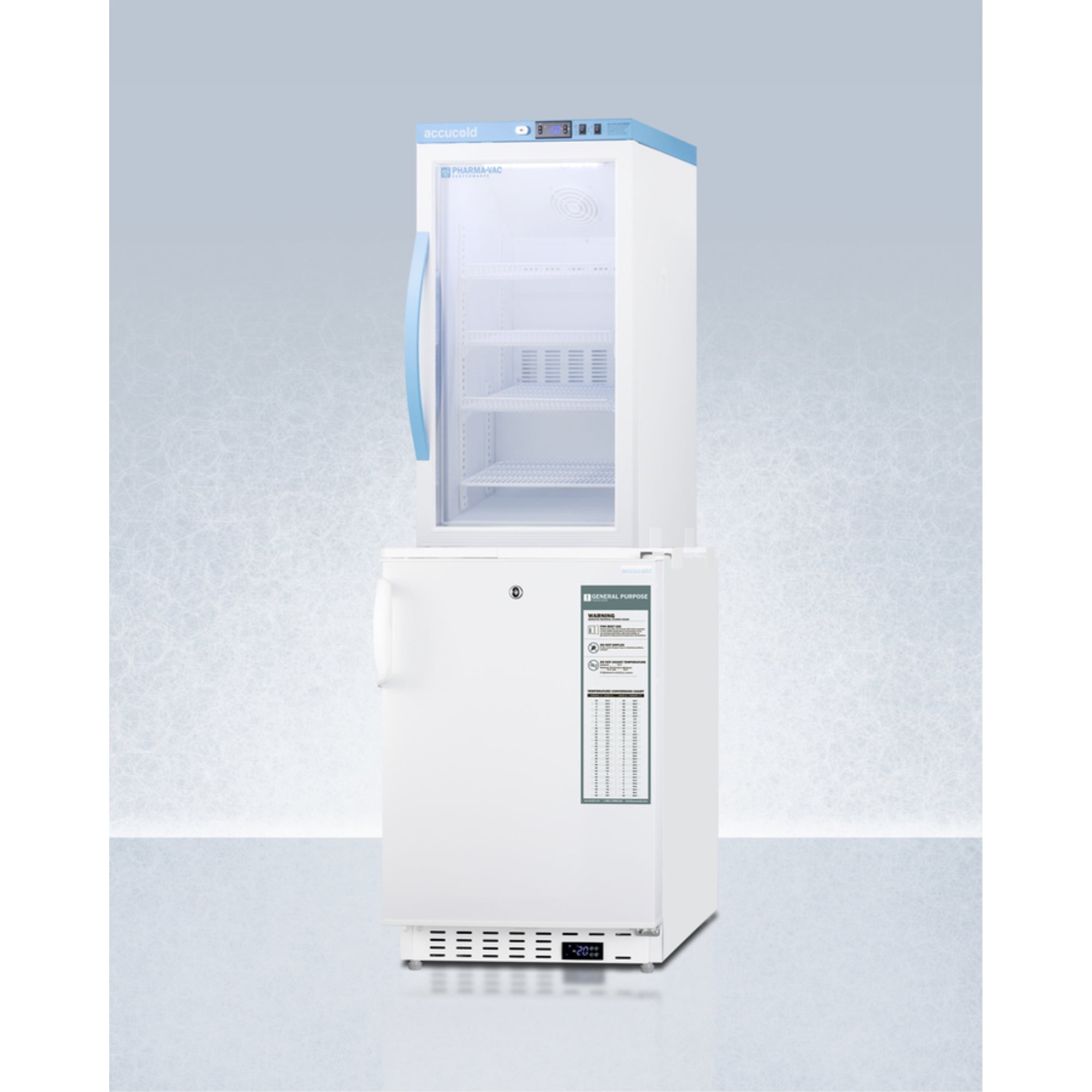 Stacked vaccine refrigerator-freezer combination