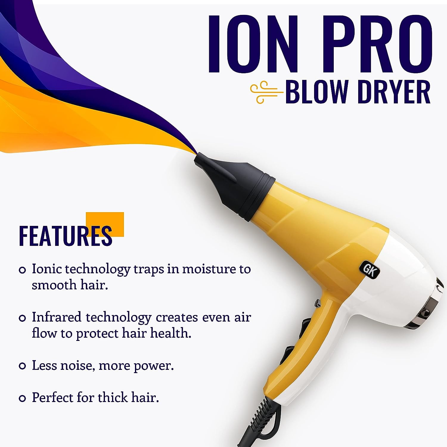 GK Hair Global Keratin Ion Pro Blow Dryer Professional Salon Grade 2 Speed & 3 Heat Settings, Cool Shot Function Blowdry Hairdryer for All Hair Types US Plug