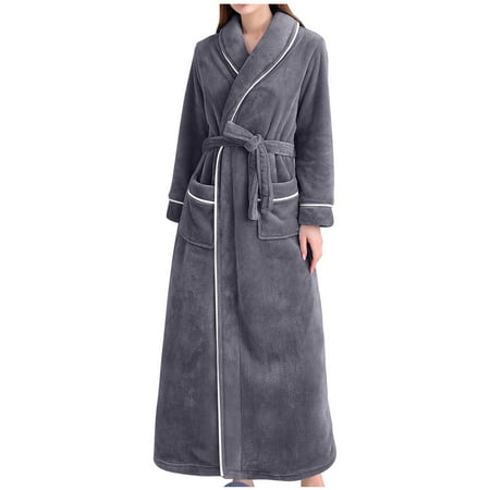 Mrat Nightshirts for Women Solid Bandage Robe Towel Robe Cute Lingerie Ladies Robes Knee Length Sleepwear Bathrobe Gown Pajamas Long Sleepwear Pocket Waistband+Belts Gray 3XL