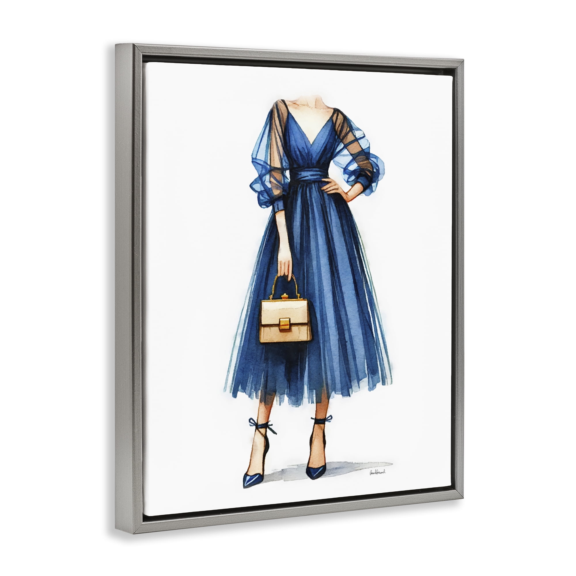 Stupell Industries Glam Blue Fashion Gown Fashion Painting Gray Floater Framed Canvas Art Print Wall Art, 17 x 21