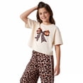 thumbnail image 2 of FYDUU Girls Summer Outfits Set Fashion Leopard Print Bow Short Sleeve T-Shirt Tops And Baggy Pants Two Piece Sets Back To School Clothes 3-4 Years, 2 of 5
