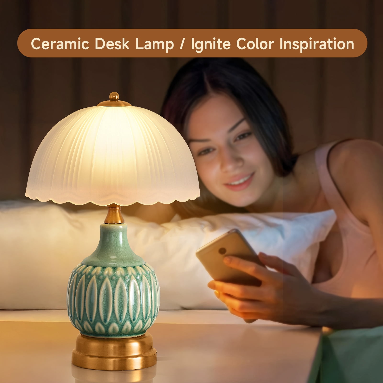Table Lamps for Bedroom Vintage Golden Table Lamps for Bedroom Ceramic Retro Lamp for Living Room,16" Modern Bedside Nightstand Traditional Lamps, Classic Chinoiserie Green Glass Lamp for Home Decor