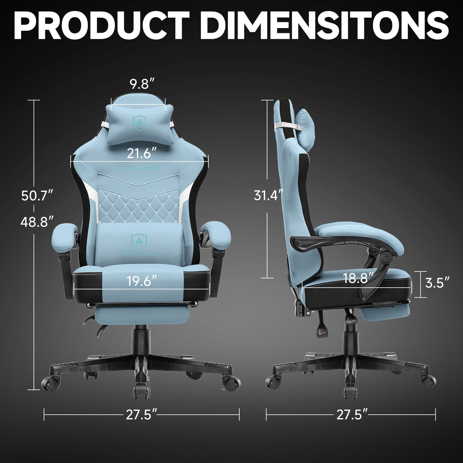 GTPLAYER Gaming Chair, Fabric Ergonomic Office Chair with Footrest and Lumbar Suppor for Adult, Lightblue