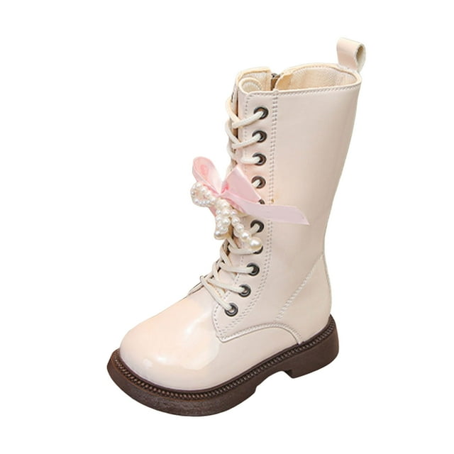 Yammkia Knee High White Boots Girls Combat Boots for Girls Lace Up Riding Boots Mid Calf Fashion Waterproof Non Slip Side Zipper Boot Fall Winter Spring Size 13.5 (White,Little Kids 13.5)