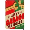 thumbnail image 2 of My Garage My Rules Tin Sign Poster with Cartoon Tools Red and Green Background Vintage Metal Tin Signs for Men Women Wall Art Decor for Home 8X12inch, 2 of 6