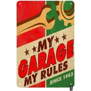 My Garage My Rules Tin Sign Poster with Cartoon Tools Red and Green Background Vintage Metal Tin Signs for Men Women Wall Art Decor for Home 8X12inch
