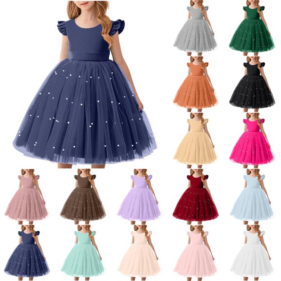Cowsor Girls Solid Color Ruffle Sleeve Tulle Princess Dress with Pearl Bow Formal Party Gown for 4-10 Years Old