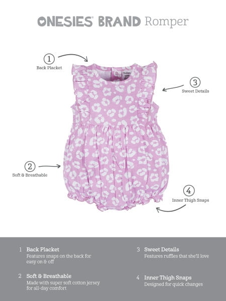 Onesies Brand Baby Girl Ruffle Sleeve Rompers, 3-Pack, Sizes, 0/3 Months - 24 Months