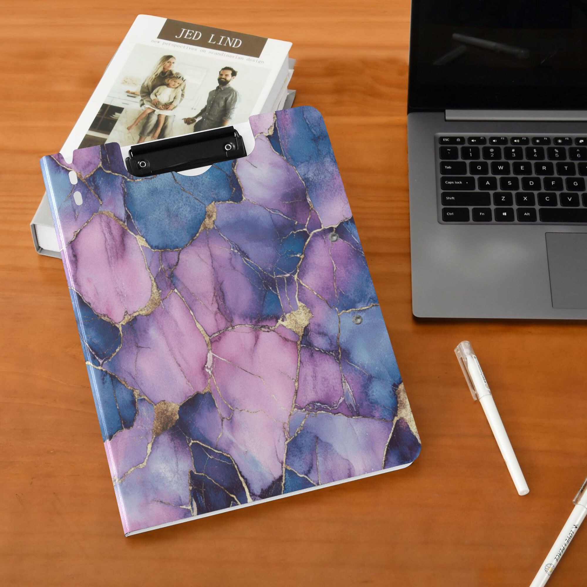 FORMRS A4 Clipboard Folder with Pen Holder Horizontal Foldable School Office Binder, Watercolor Pink Marble Pattern