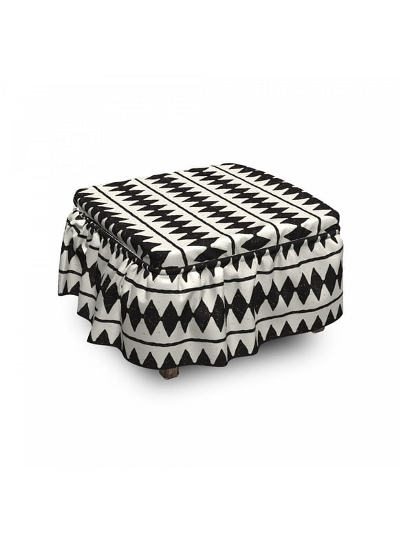 Chevron Ottoman Cover, Retro Horizontal Stripes, 2 Piece Slipcover Set with Ruffle Skirt for Square Round Cube Footstool Decorative Home Accent, Standard Size, Ivory and Black, by Ambesonne