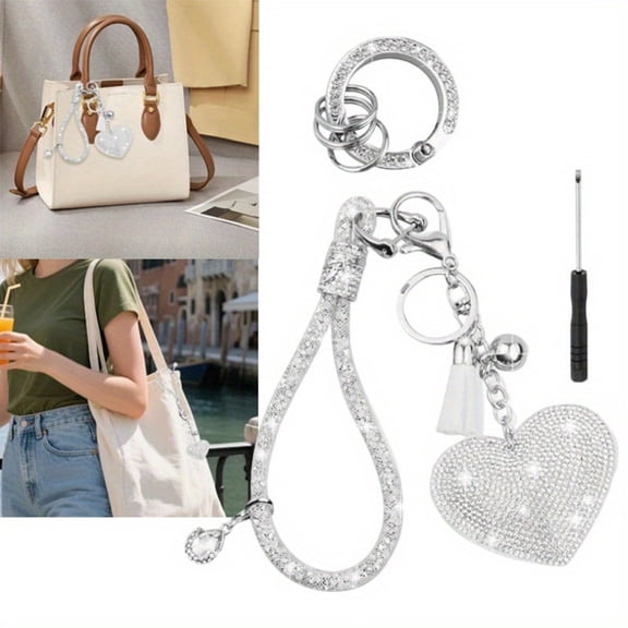 Sparkling Rhinestone Keychain Set - Heart Tassel & Wrist Lanyard for Car Keys, Gift Ready  ﻿