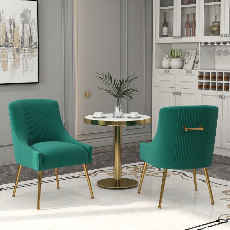 SEYNAR Modern Velvet Dining Chairs Pleated Vanity Chair Set of 4 with Glod Legs for Living Room,Deep Green