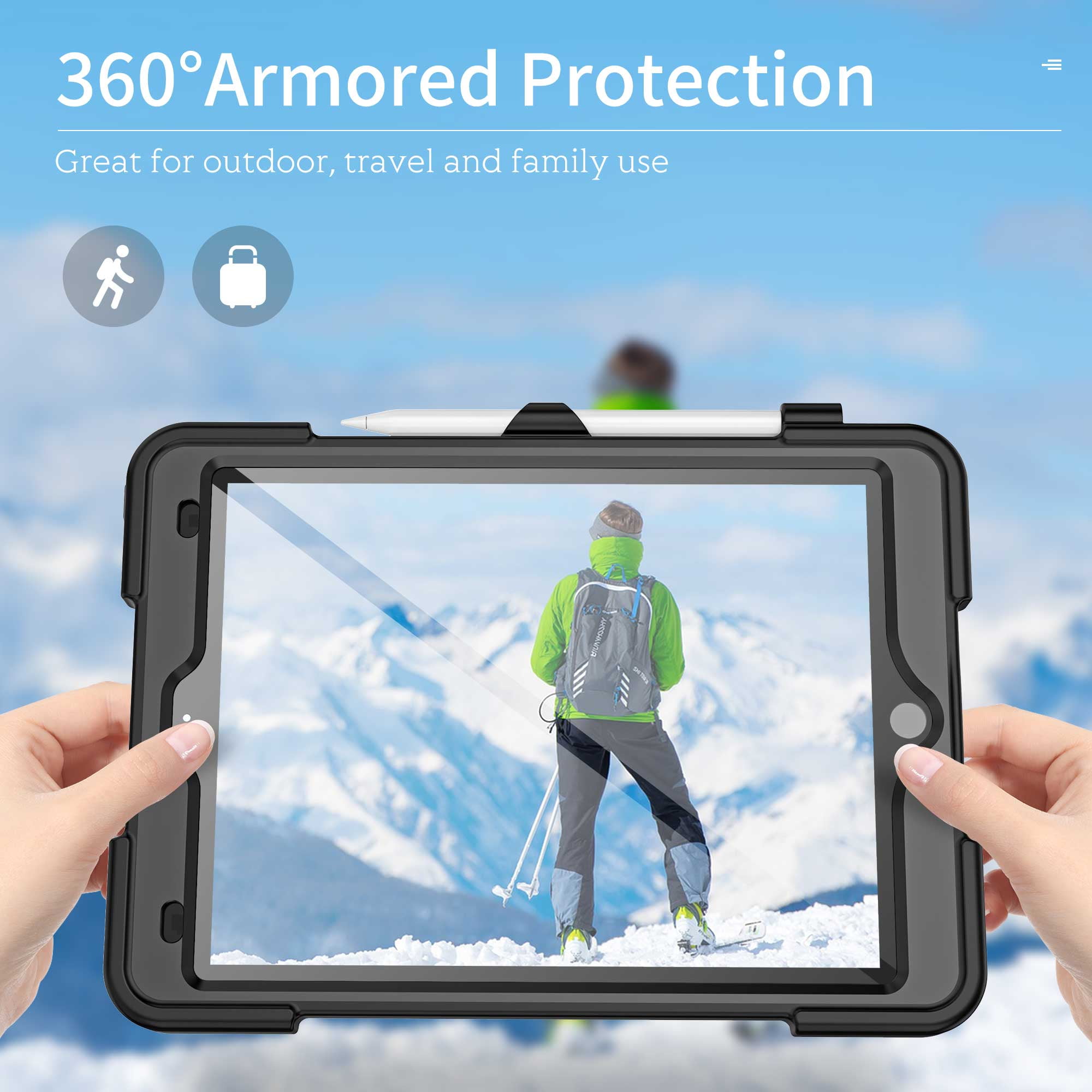 Dteck Full Body Protective Case for iPad 9th 8th 7th Generation,Shockproof TPU+PC Case Built-in Screen Protector Kickstand Hand Strap Cover with Pencil Holder for iPad 10.2" 2021/2020/2019,Black