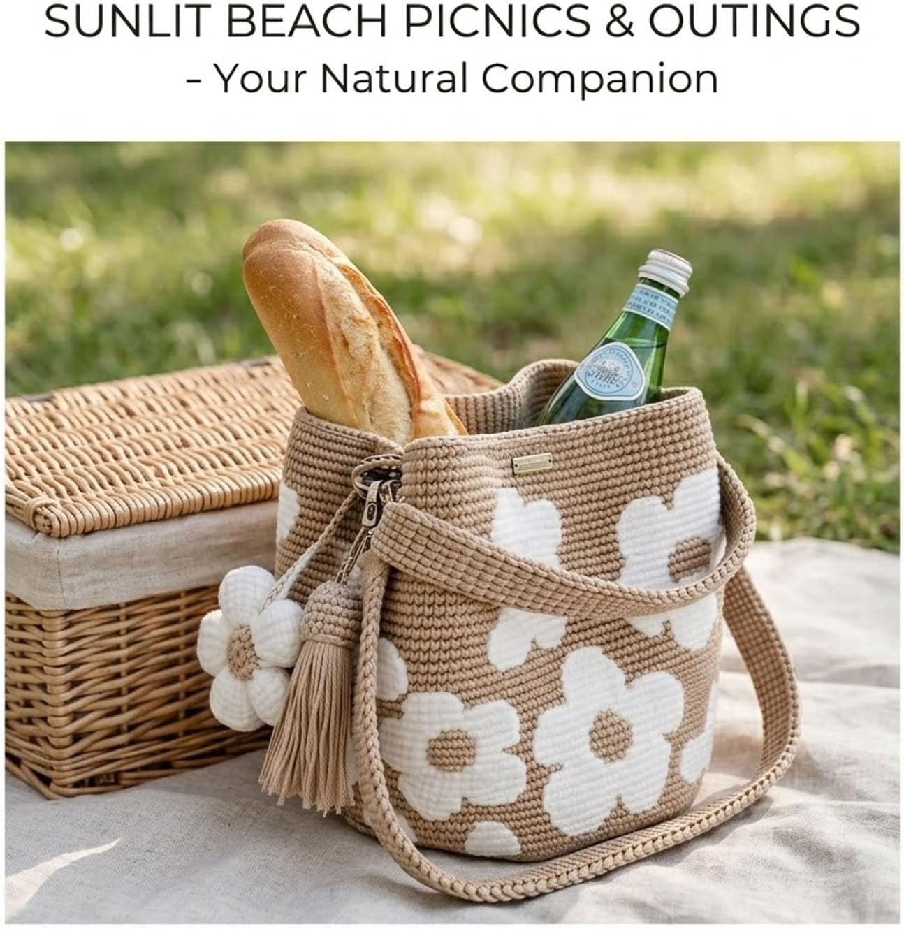 Handmade Crochet Flower Tote, Crochet Tote Bag for Women, Crossbody Mesh Knit Shoulder Bag with Cute Flower&Tassel Charm